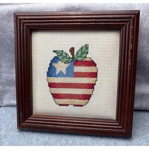 Patriotic Apple Cross Stitch Wall Decor Framed Wood 6"x6" Handmade Rustic Americ